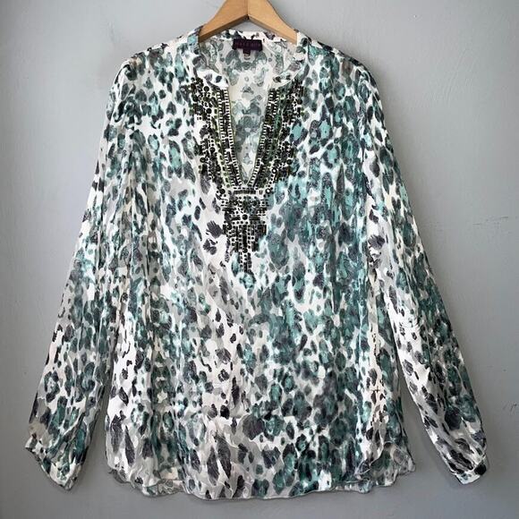 Hale Bob Size Large Burnout Satin Sheer Silk Leopard Print Bead Top Mobwife Glam - Picture 1 of 12